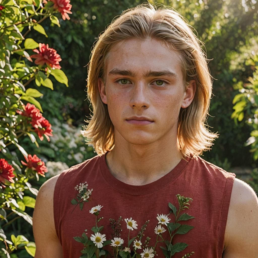 Teenage Boy with Blond Hair in Sunlit Garden