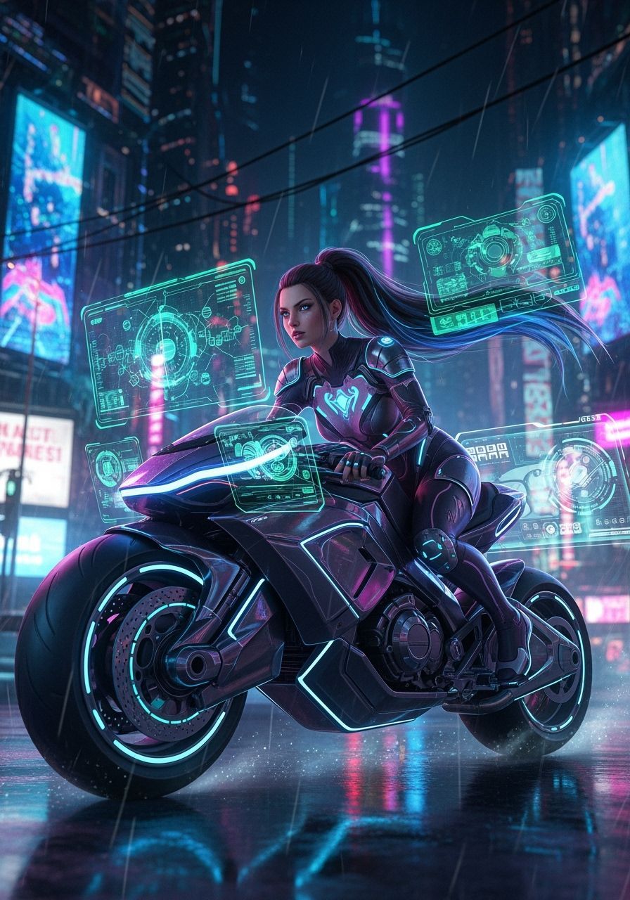 Cyberpunk Woman Rides Motorbike Through Neon Cityscape