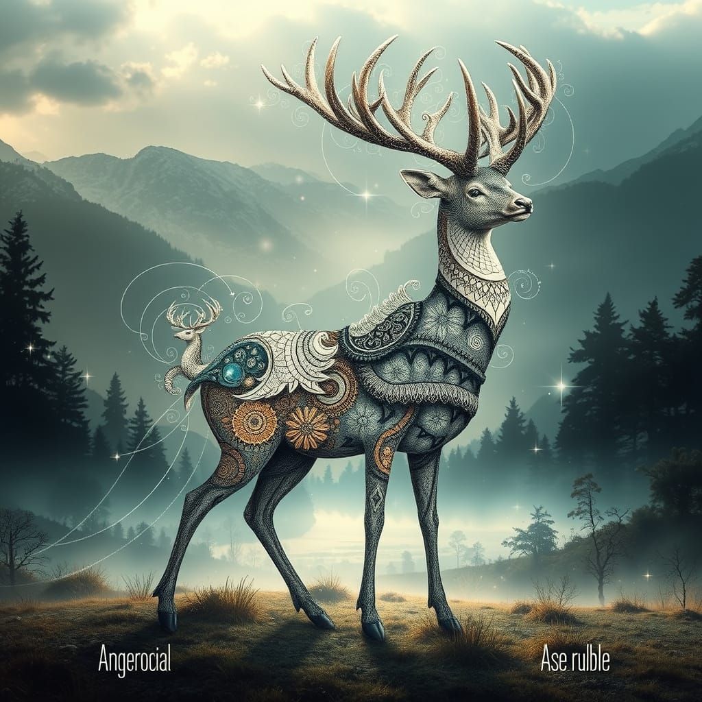 Mystical Deer in Dreamy Fractal Landscape