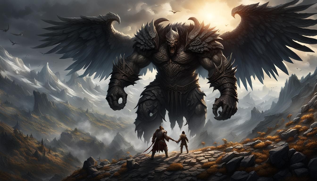 Winged Warrior Faces Titan in Dark Fantasy Landscape