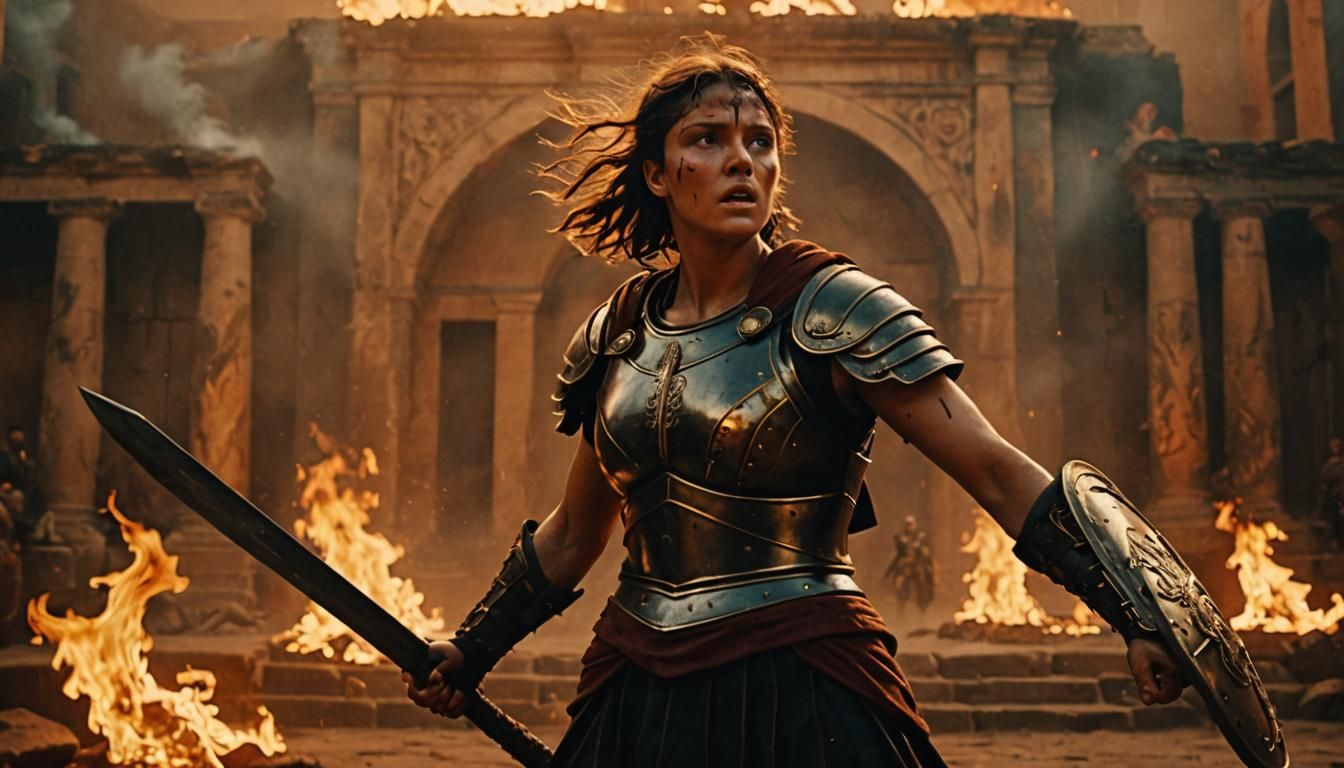 Victorious Female Gladiator in Fiery Arena, Dramatic Lightin...