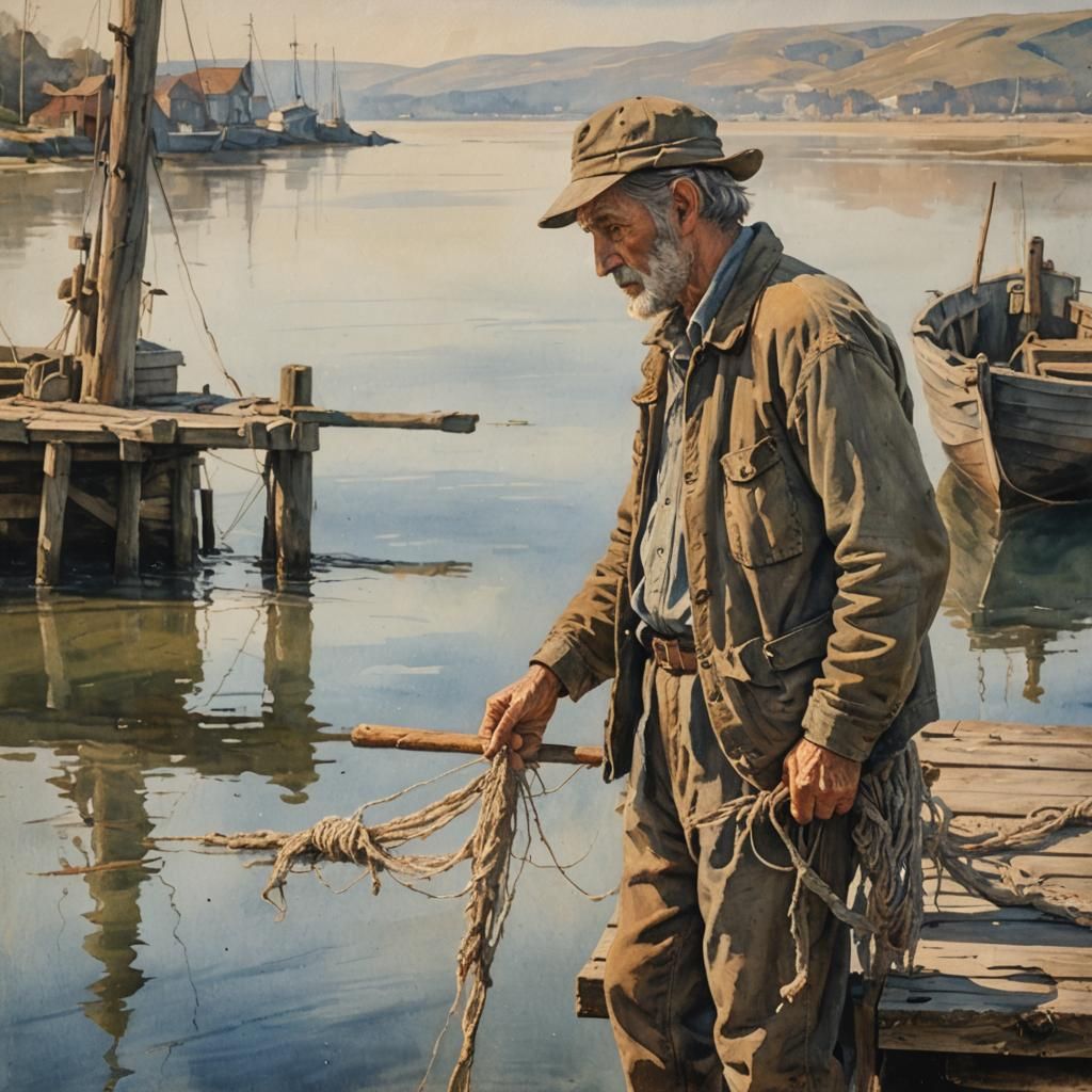 A weathered fisherman stands at the edge of the dock, he men...