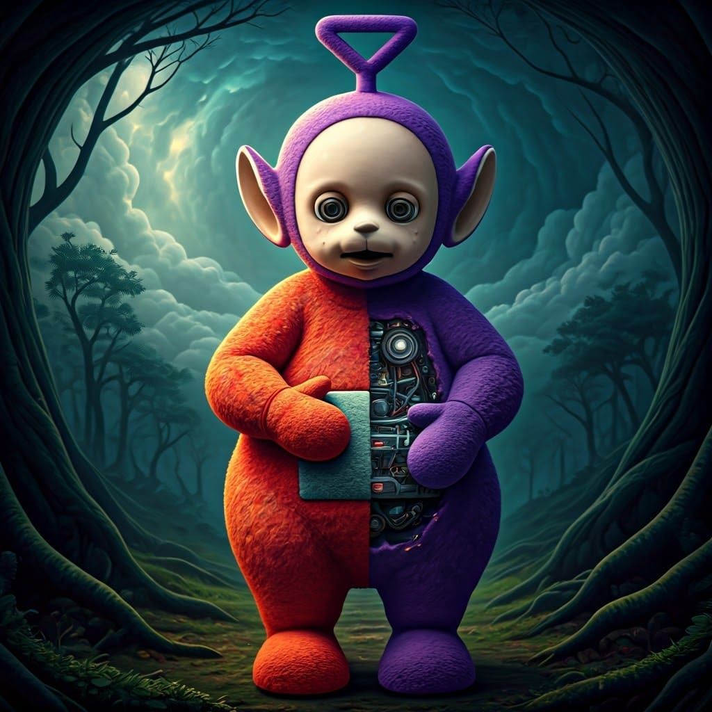 Distressed Teletubby Exposed to Dark, Mechanical Realities