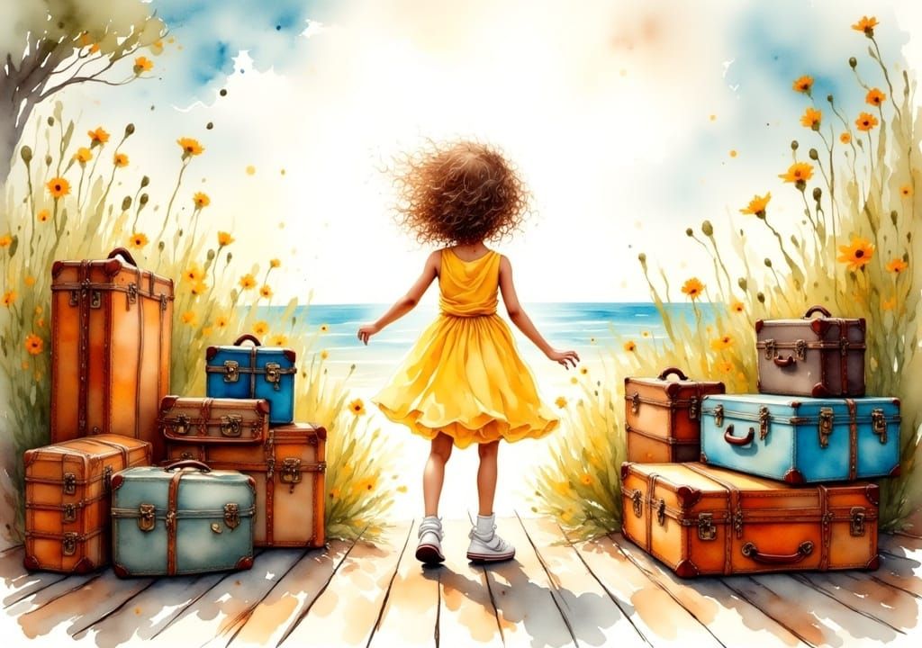 Girl Awaits Arrival with Luggage in Whimsical Style