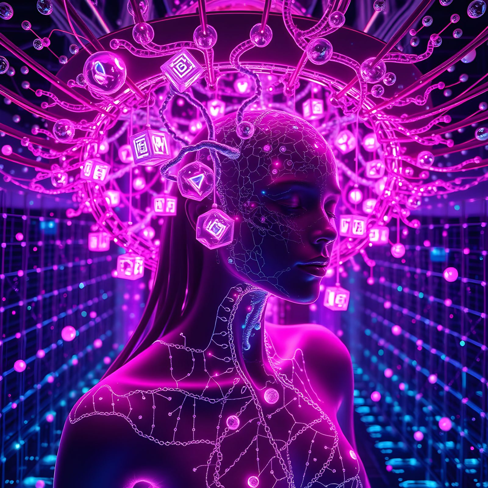 Neural Woman in Futuristic LED Grid