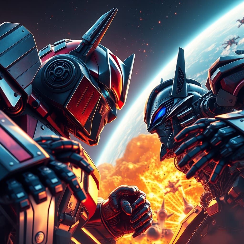 Epic Robot Battle in Hyperrealistic 3D Anime Style