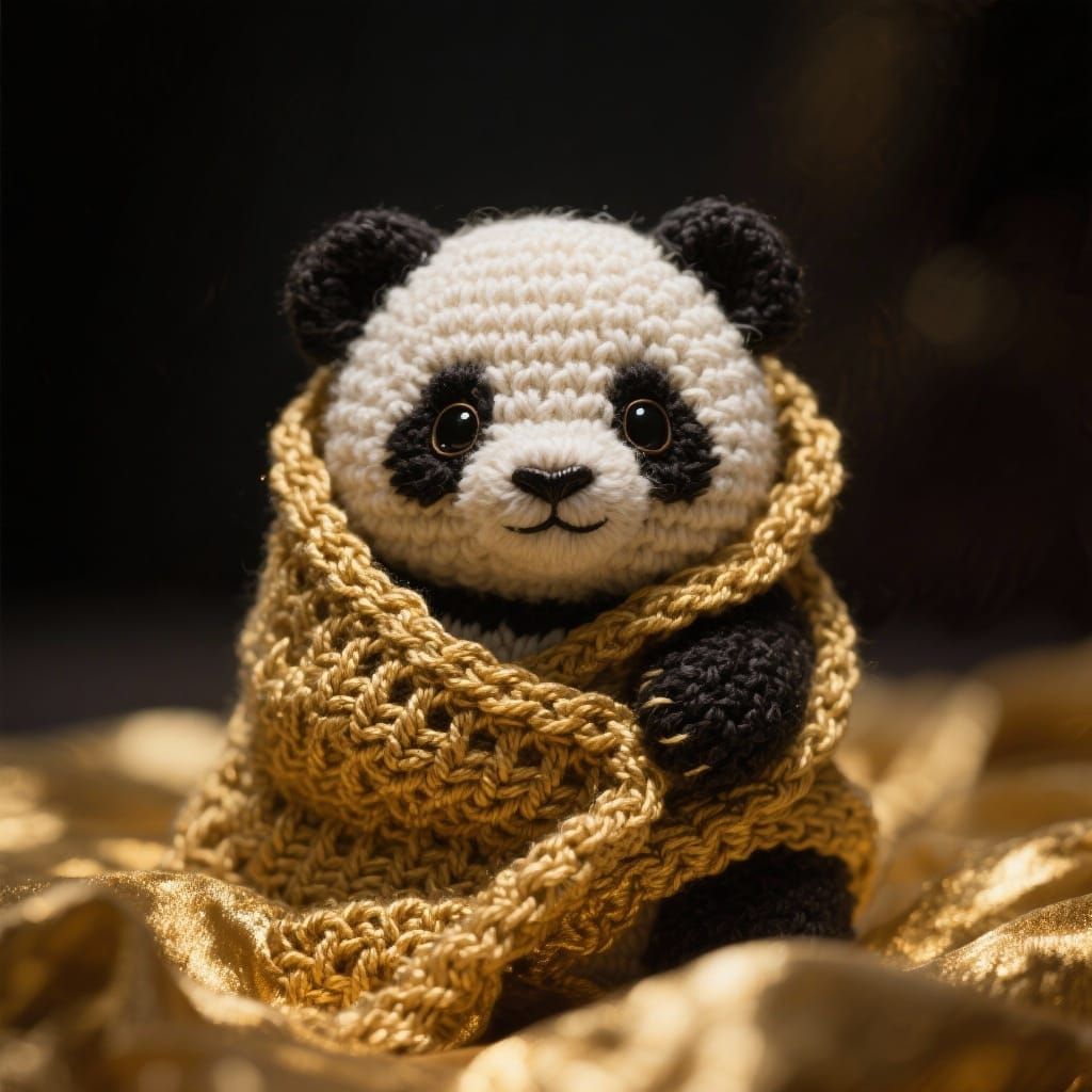 Cute Crochet Baby Panda in Golden Fabric