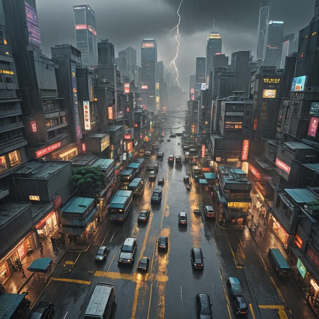Hong Kong Storm: Detailed Matte Painting in Heavy Rain