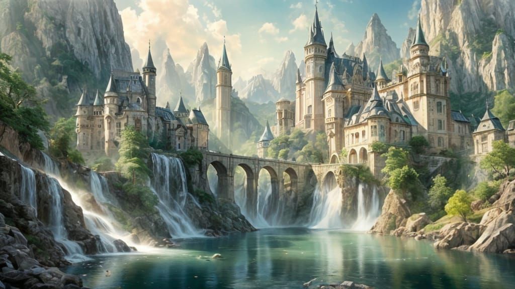 Fantasy City on Cliffs with Waterfalls and Gold Spires