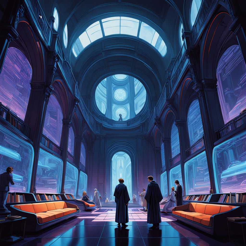 Futuristic Tehran Library with Holographic Books