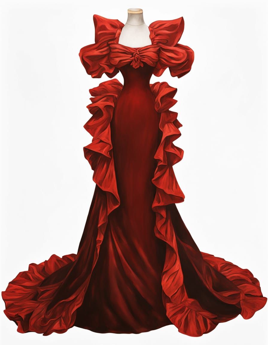 Elegant Oil Painting of a Woman in Crimson Dress