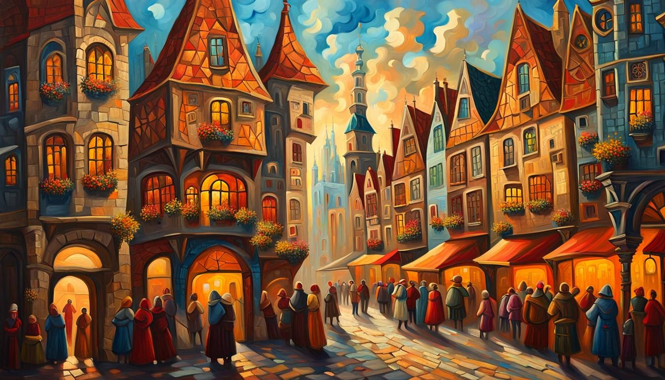 Medieval Cityscape in Expressionist Oil Painting Style