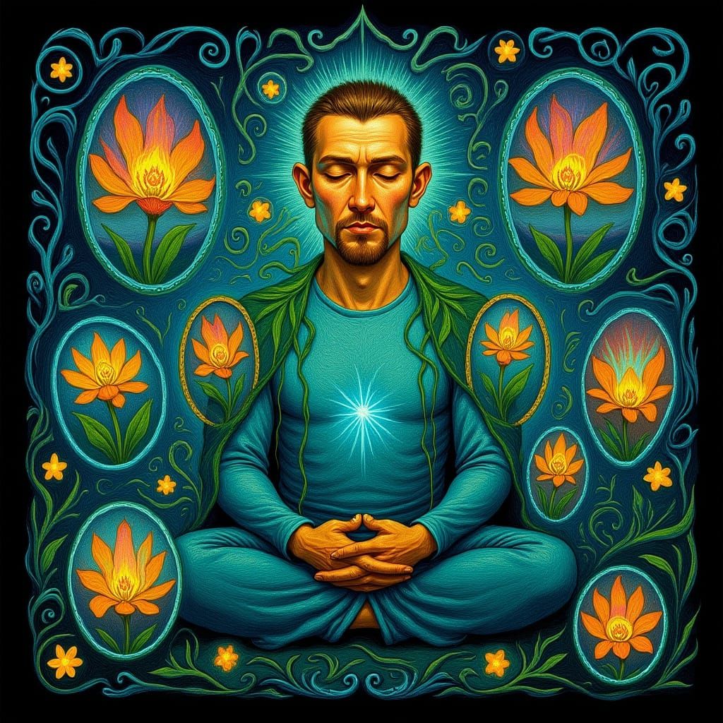 Mystical Man Meditating in Surreal Fantasy Art Style