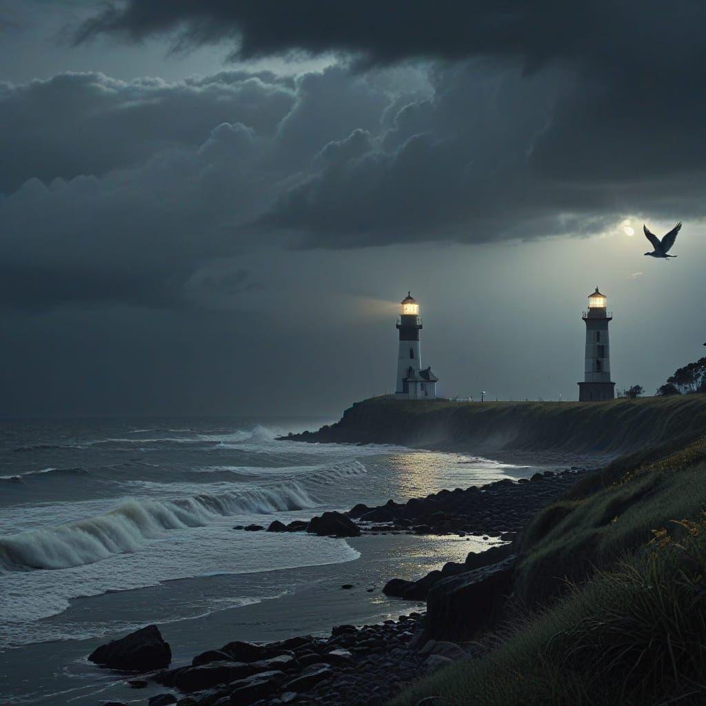 Lighthouse and Egret in Moonlight Cinematic Still