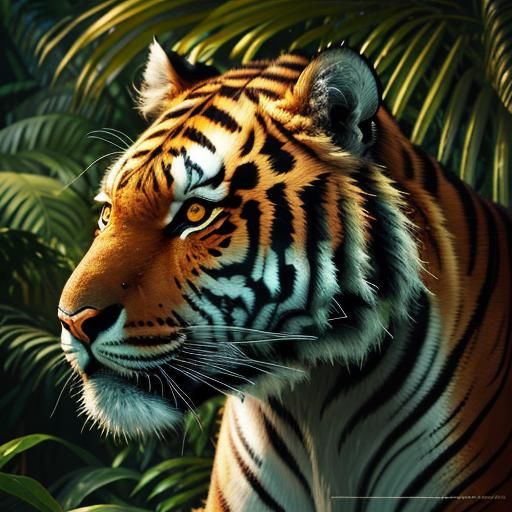 Hyperrealistic Tiger and Cub in Colorful Jungle