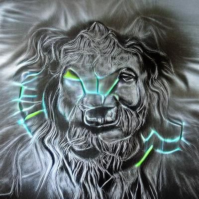 Holographic Lion: Neon Art Deco Charcoal Drawing