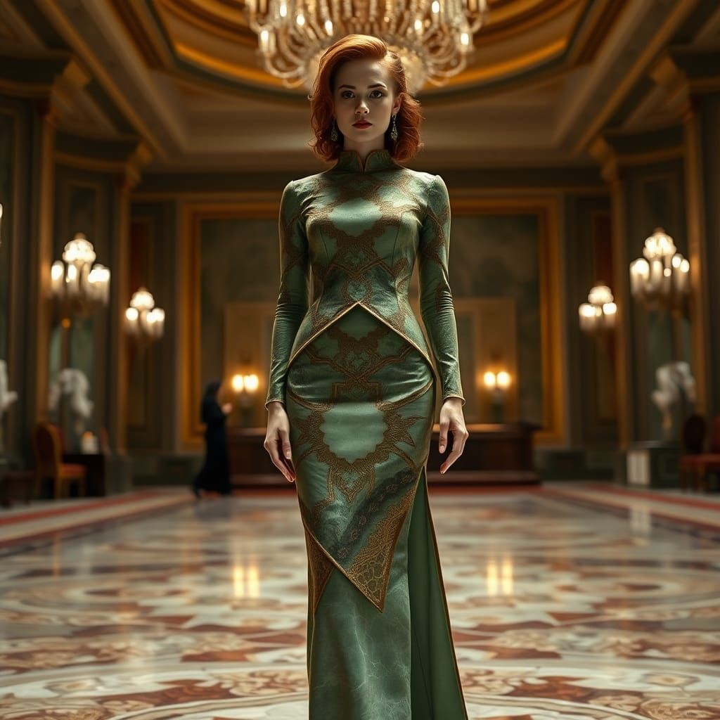 Elegant Woman in Crystalline Gown in Ballroom