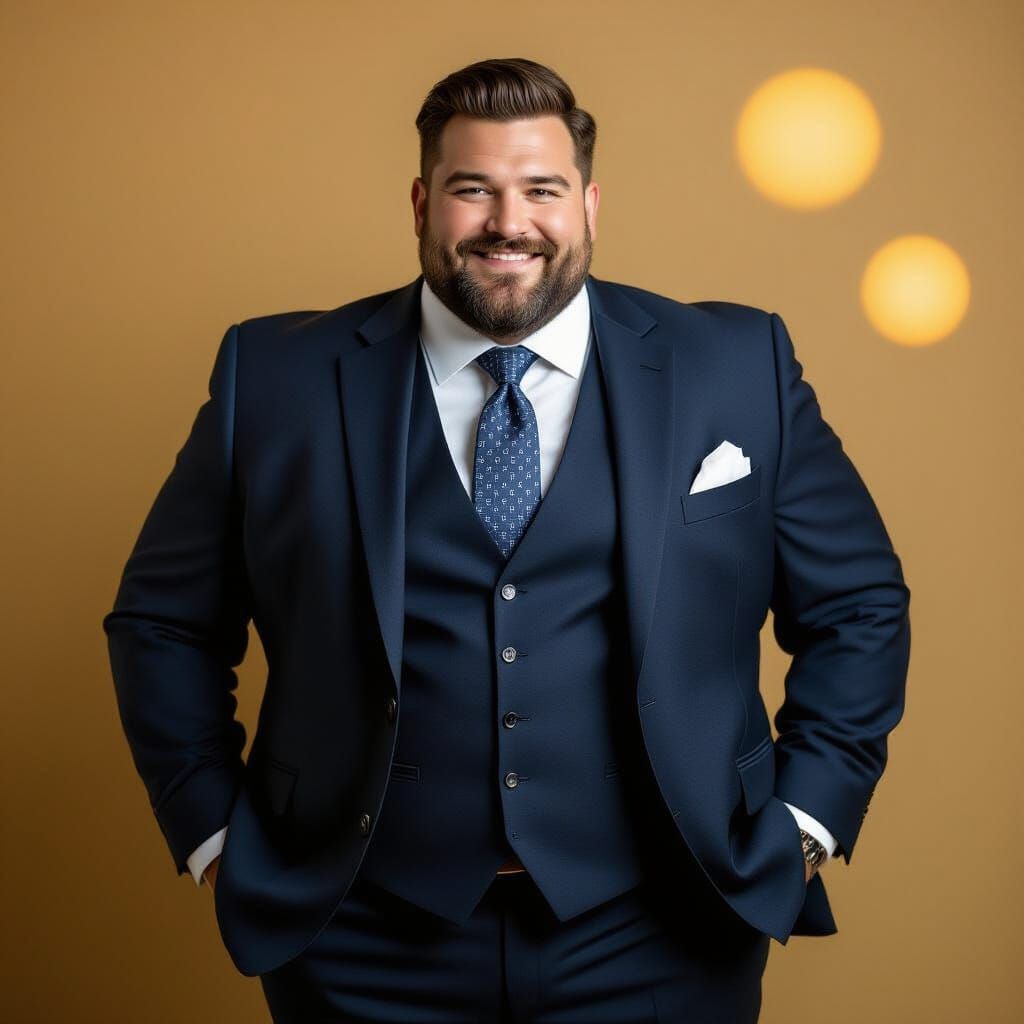 Confident Man in Blue Suit with Large Belly