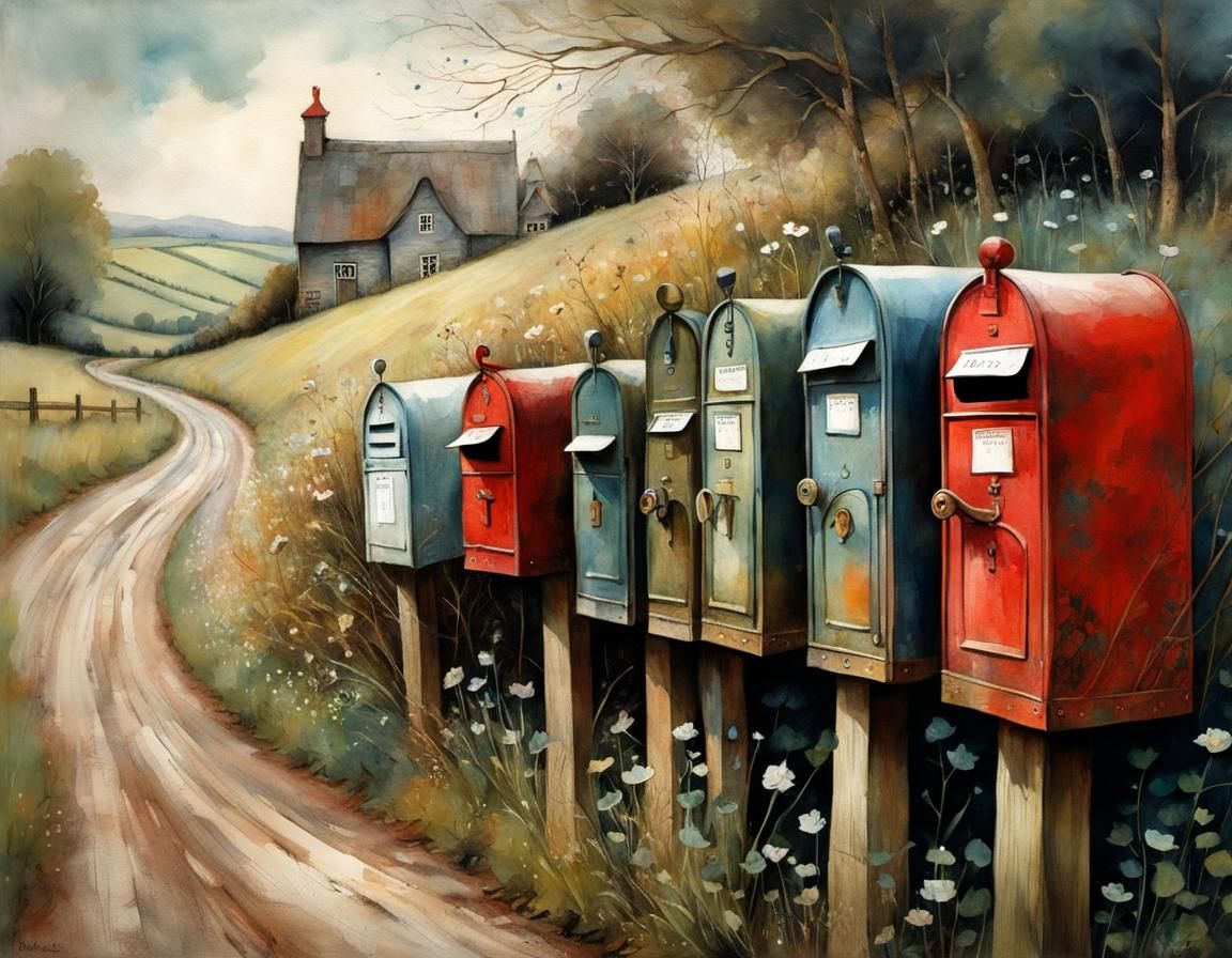 Whimsical Mailboxes on Country Lane in Folk Art