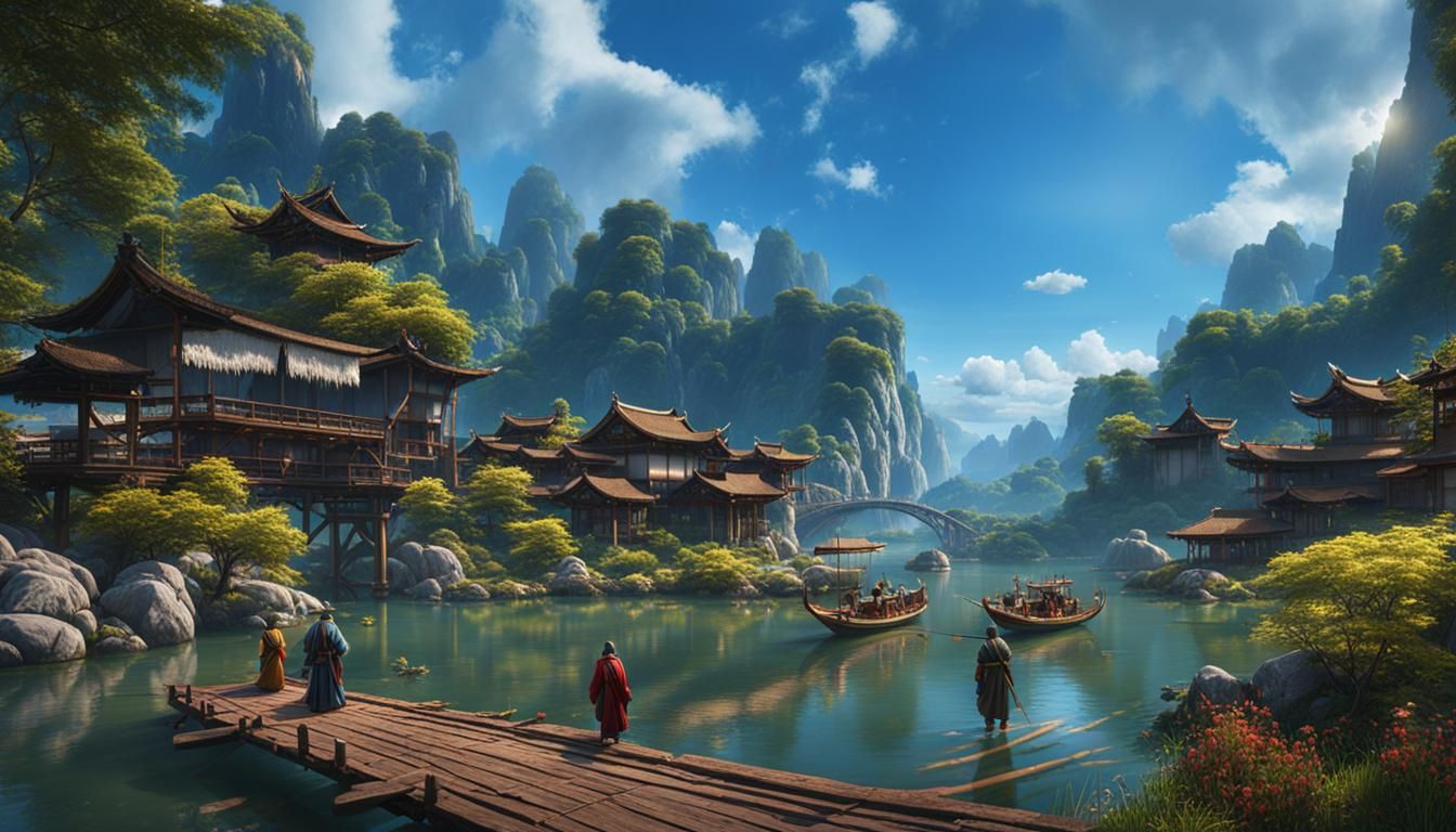 Asian River Landscape with Bridge, Fantasy Art