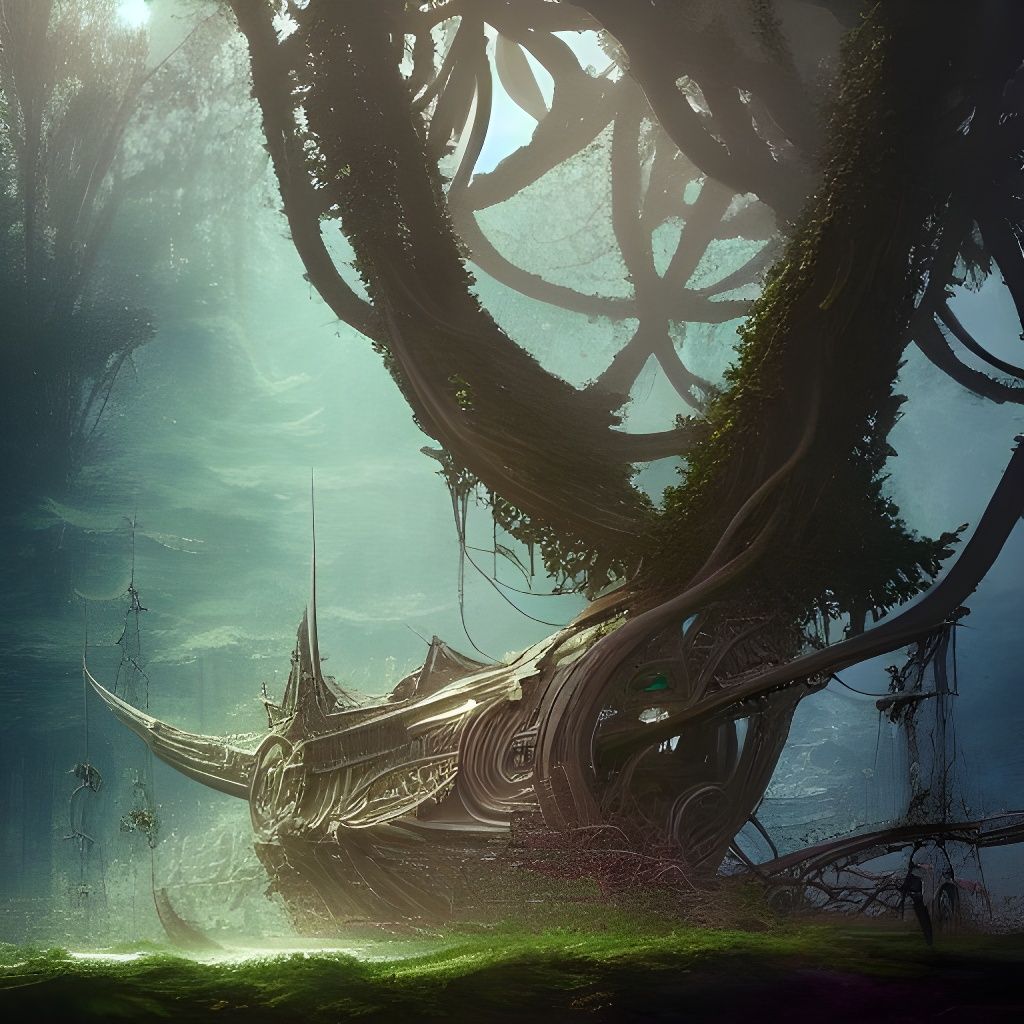 Magnificent Tree Ship Sailing in Forest, Fantasy Art