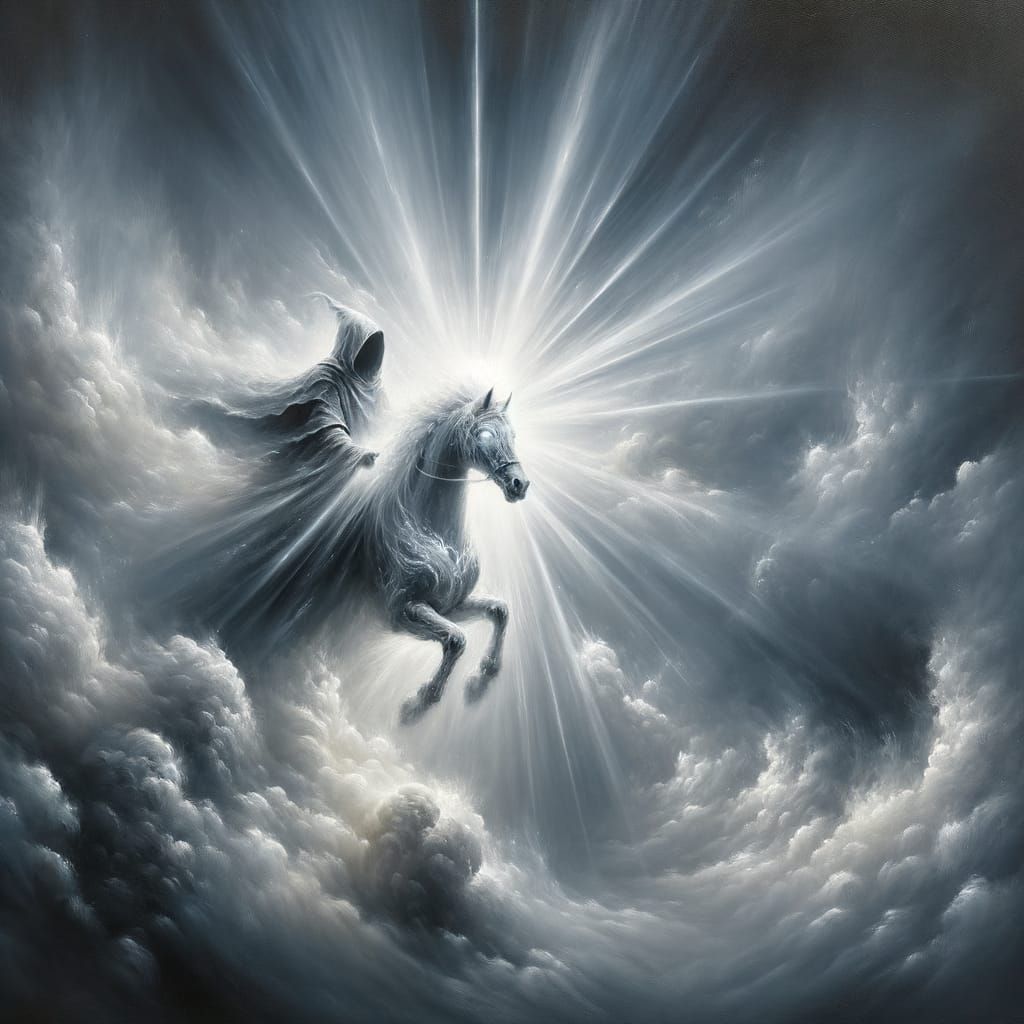 Hooded Rider Emerging From Mystical Vortex on Luminous Stall...