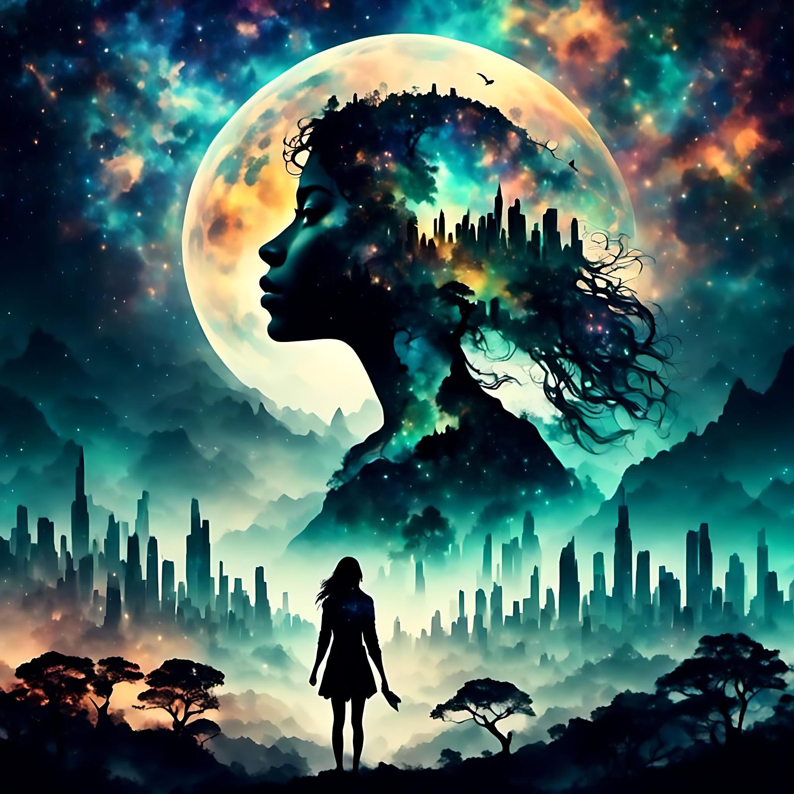 Lush Mother Nature Goddess Overlooks City with Cosmic Sky