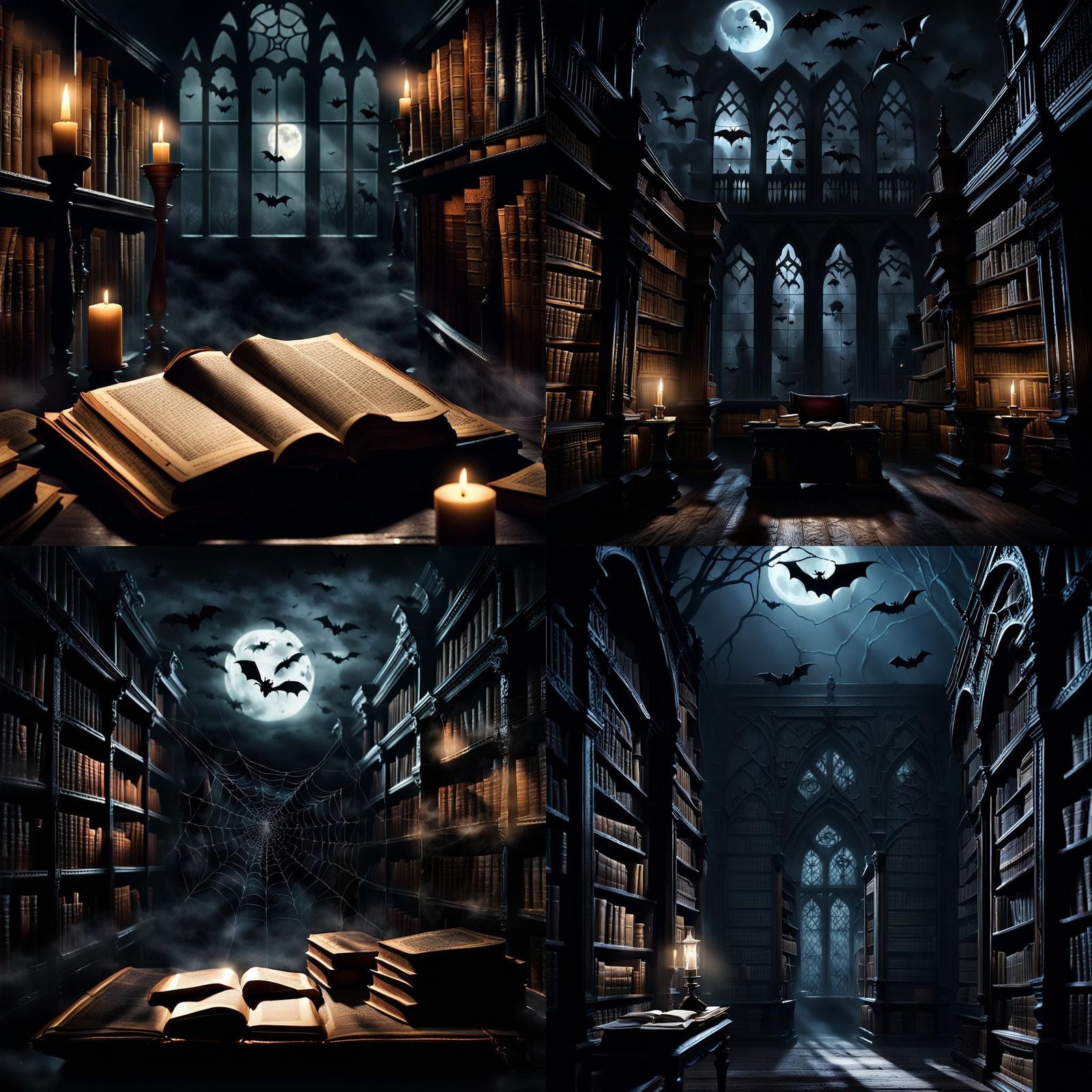 Eerie Haunted Library with Bats and Moonlight