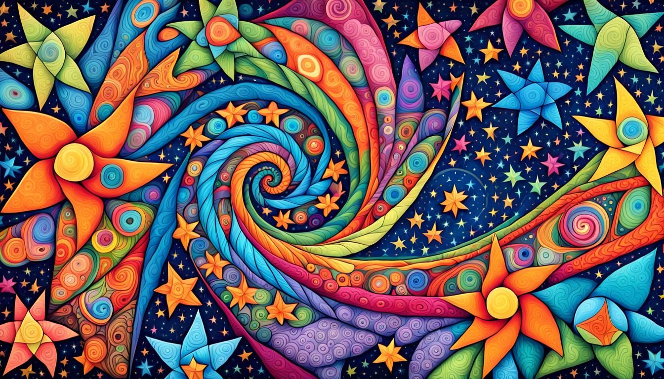 Cosmic Zentangle: Swirling Jelly Stars in Folk Art Style