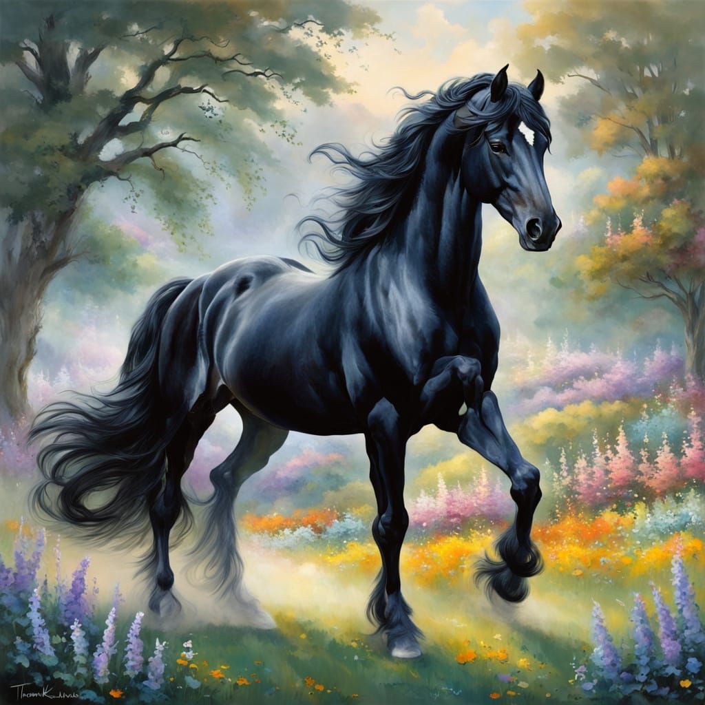 Majestic Friesian Horse in Ethereal Misty Pasture