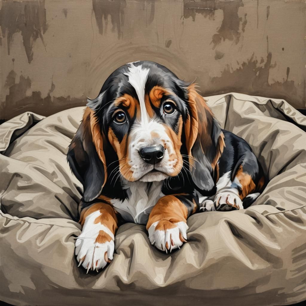 Detailed Gouache Painting of Sad Bassett Hound Puppy