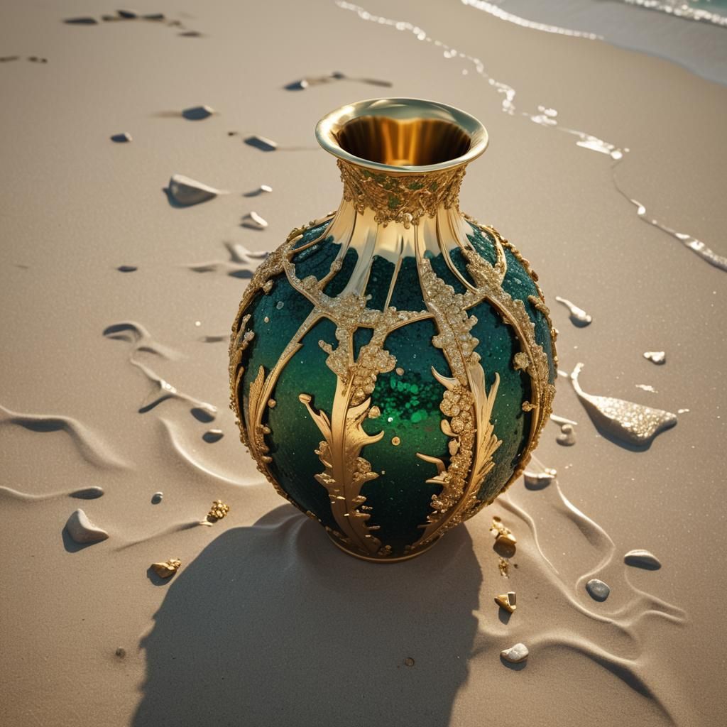 Gold Emerald Vase on Beach in Hyperrealistic Style
