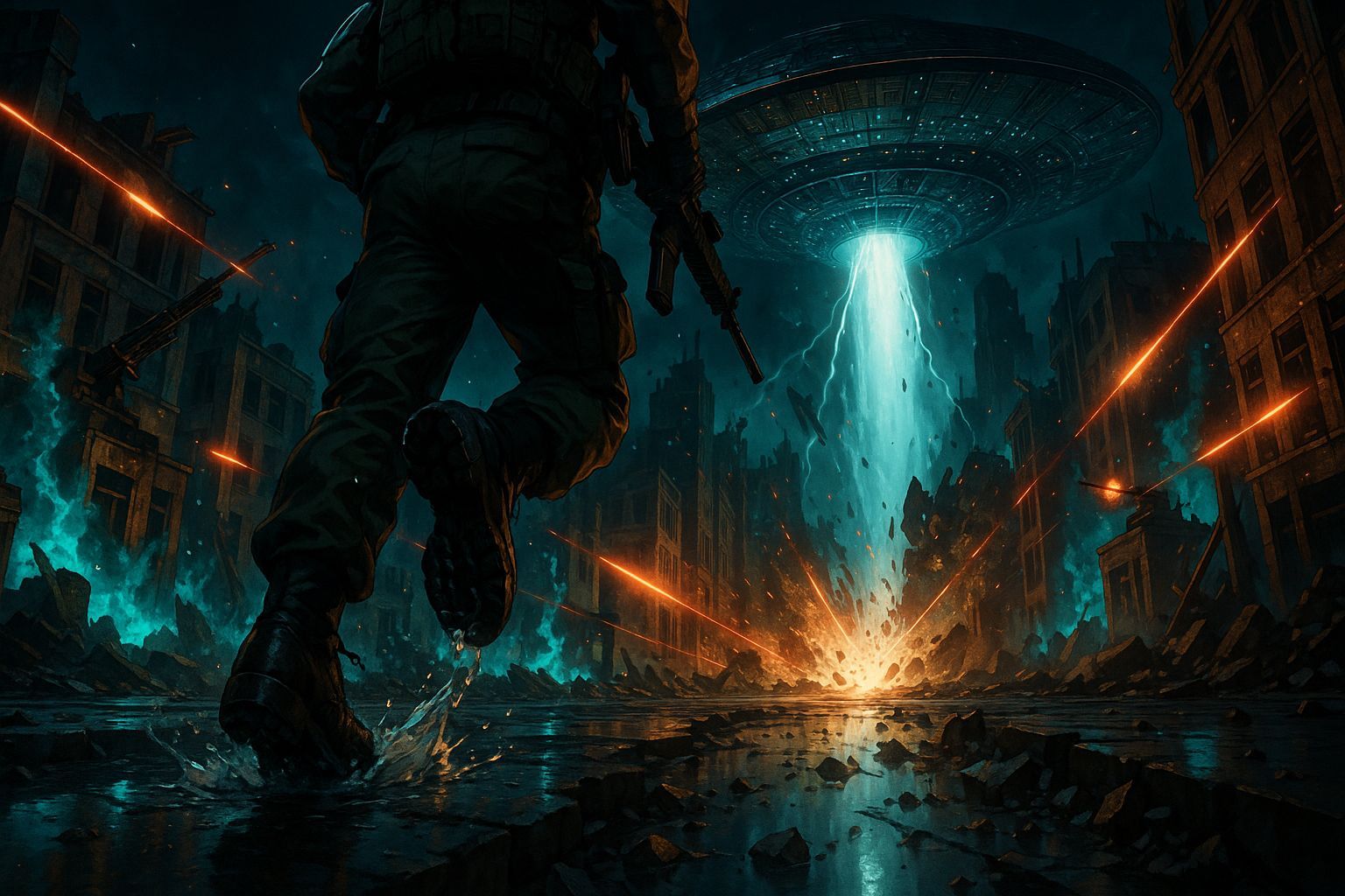 Anime Realism: Ruined Cityscape Under Alien Attack