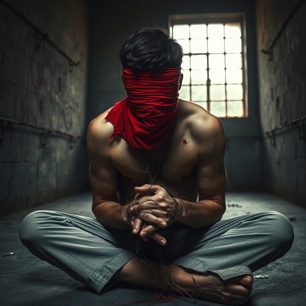 Man in Agony Trapped in Cell with Bandaged Eyes