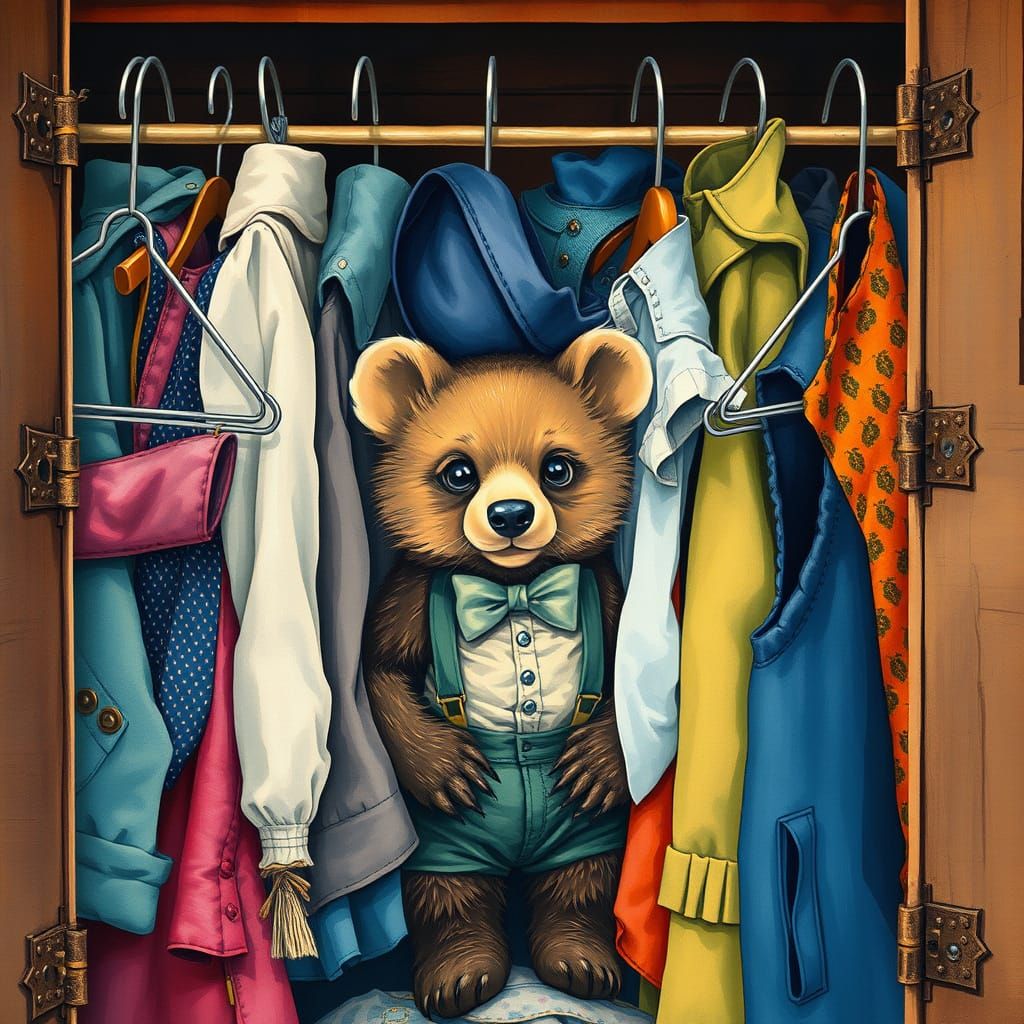 Whimsical Bear Cub Amidst Vintage Wardrobe