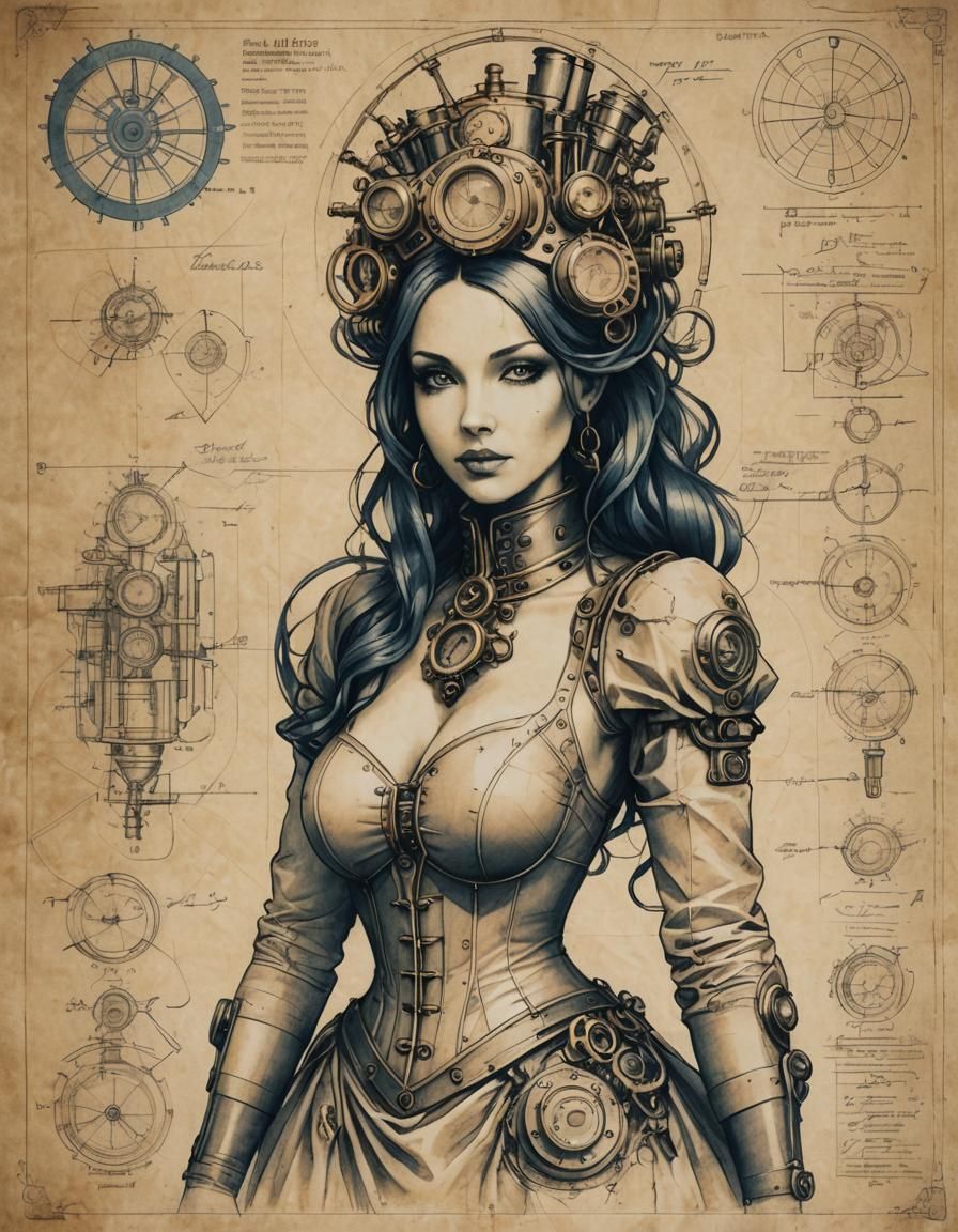Steampunk Latex Goddess Blueprint on Wrinkled Paper