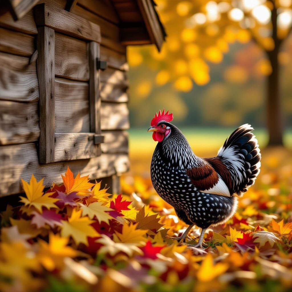 Hyper-Realistic Polish Chicken Amidst Fall Leaves