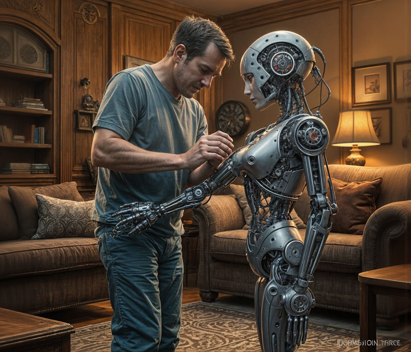 Man Repairs Robot Arm in Detailed Living Room