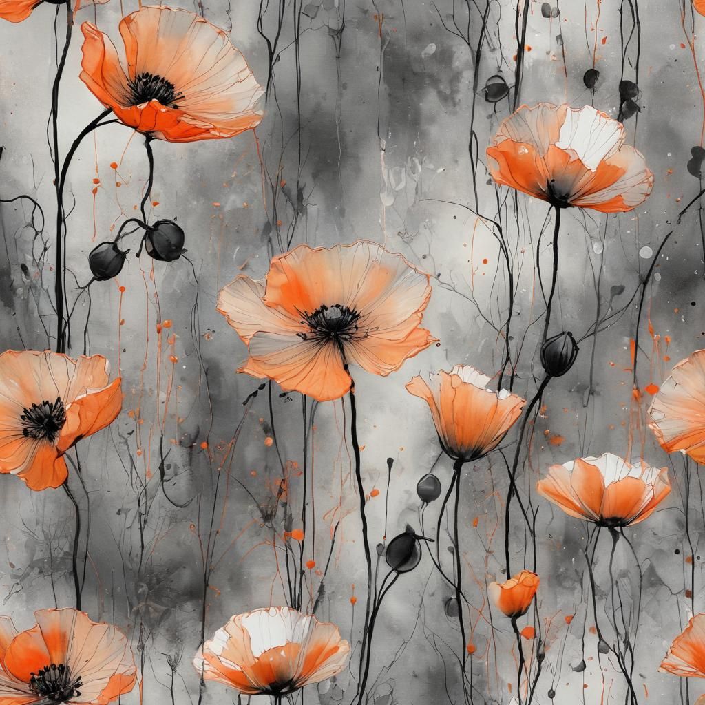 Ink Drawing of Delicate Poppies in Charcoal Gray and Vibrant...
