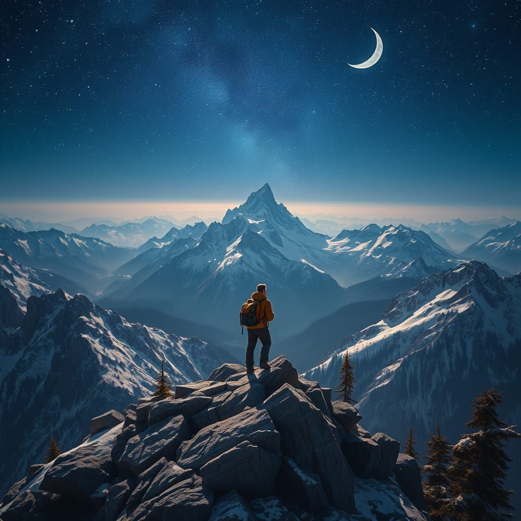 Mountain Explorer Under Starry Night Sky