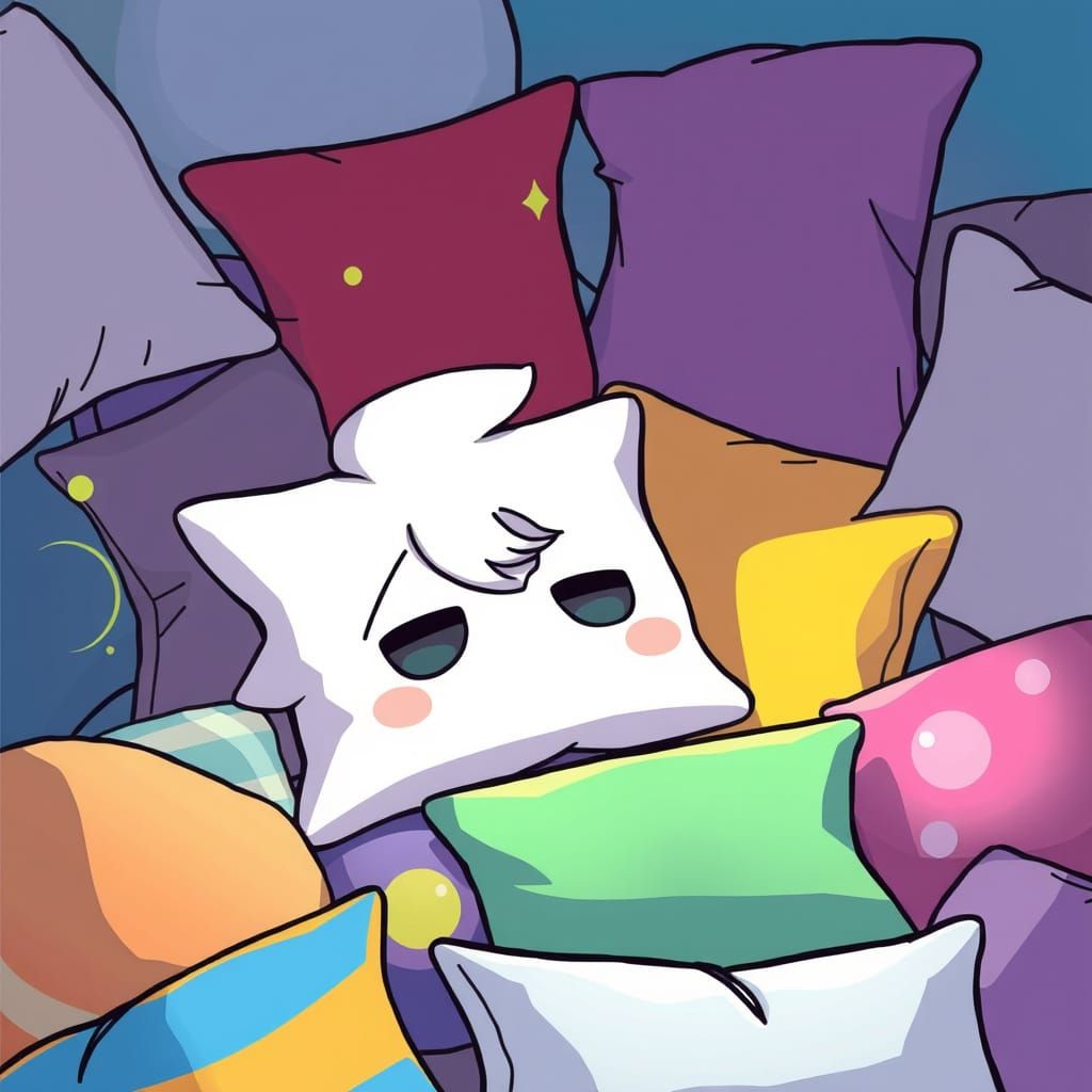 Whimsical Cartoon Pillow Surrounded by Vibrant Pillows