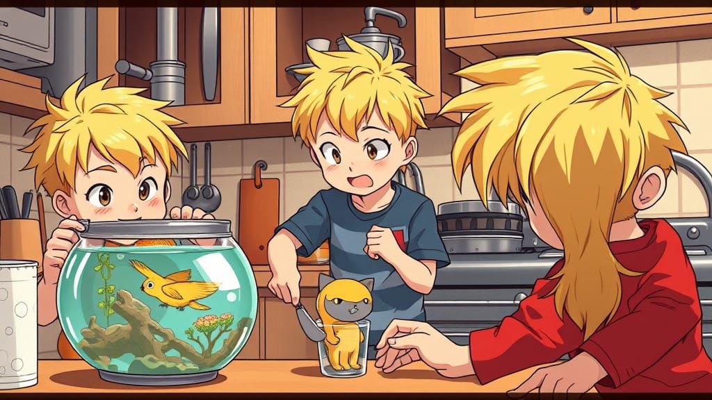 Vibrant Cartoon Scene with Three Blonde Children in the Kitc...