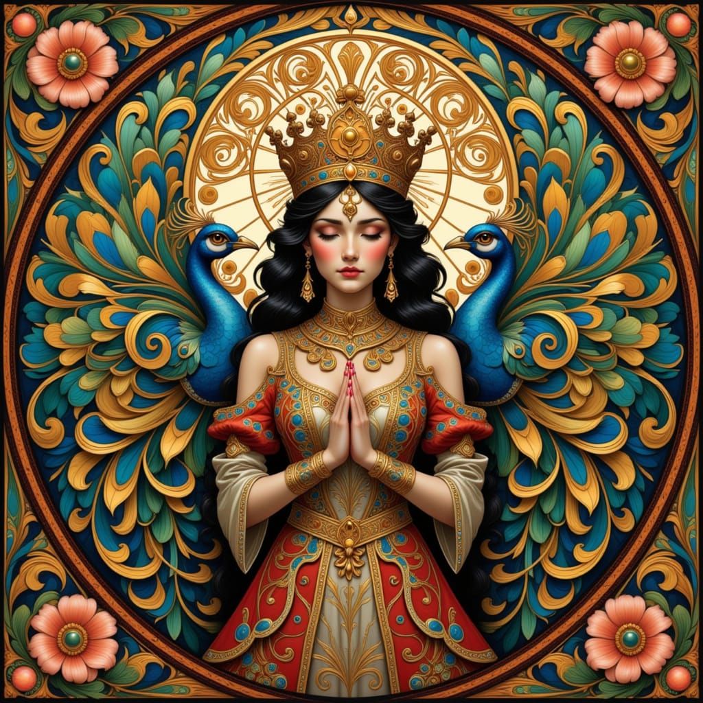 Majestic Peacock in Folk Art Nouveau Style