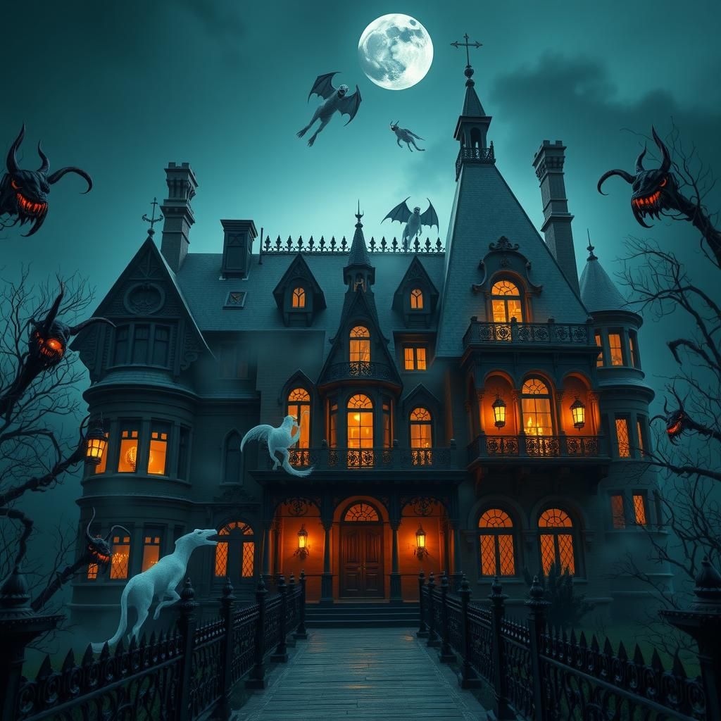 A haunted house filled with malicious demons, beastly appari...
