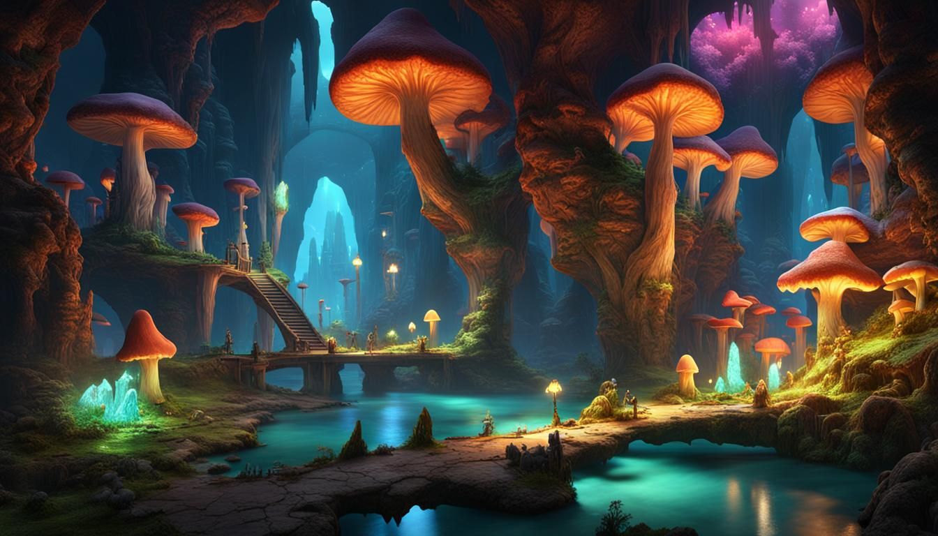 Colorful Underground Elf Village with Mushrooms