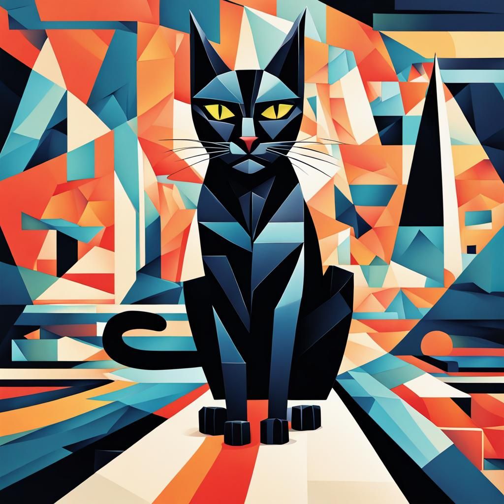 Black Cat Surfing: A Cubist Art Deco Painting