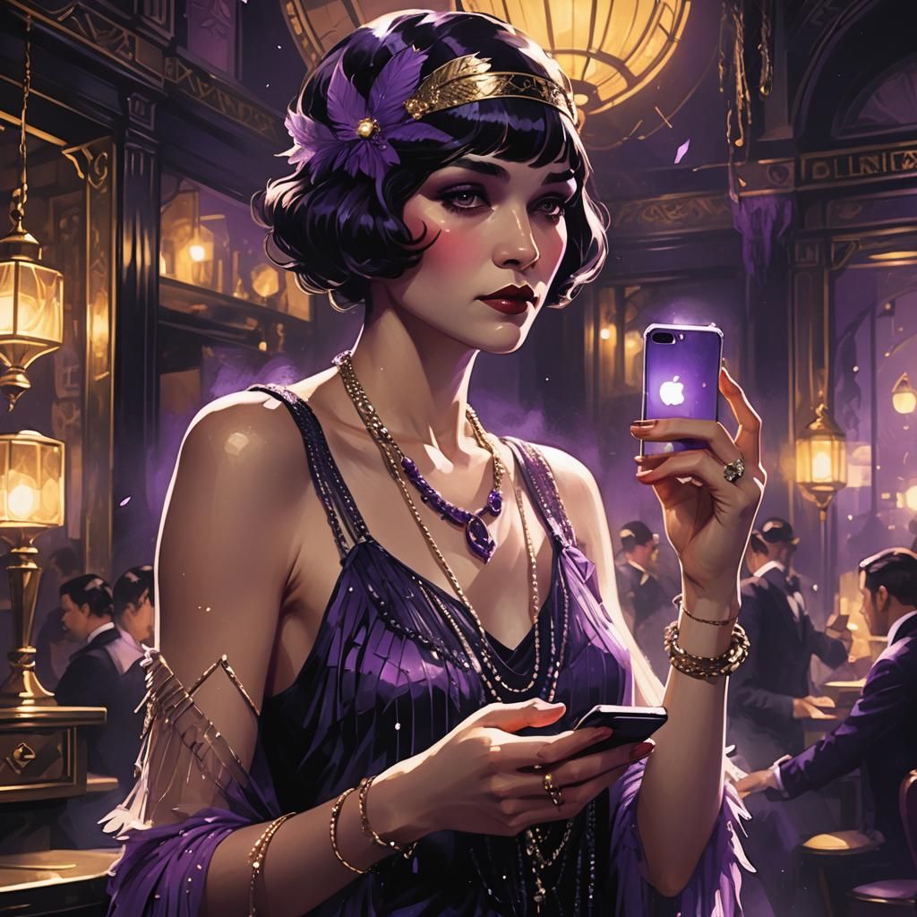 Flapper with Glowing iPhone in Art Nouveau Style
