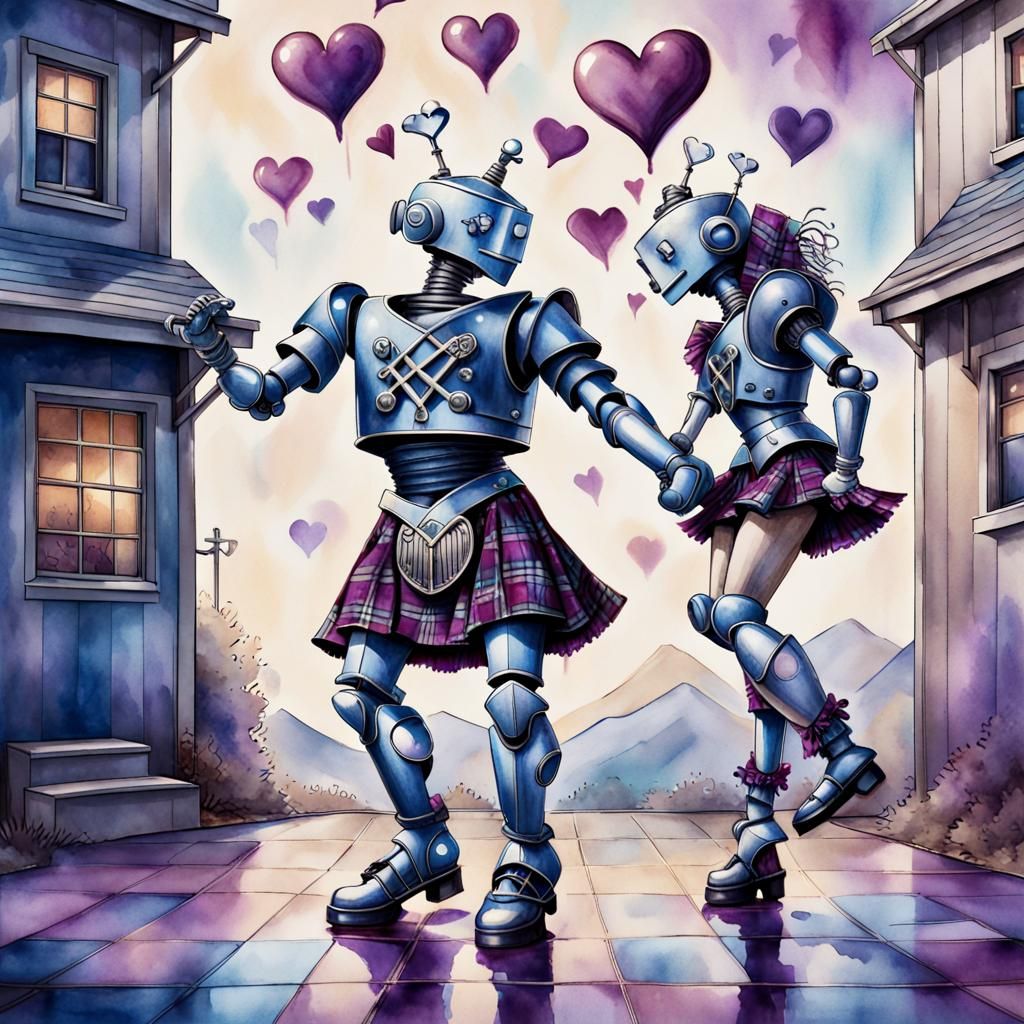 Robots Kissing in Air Village, Art Deco Style