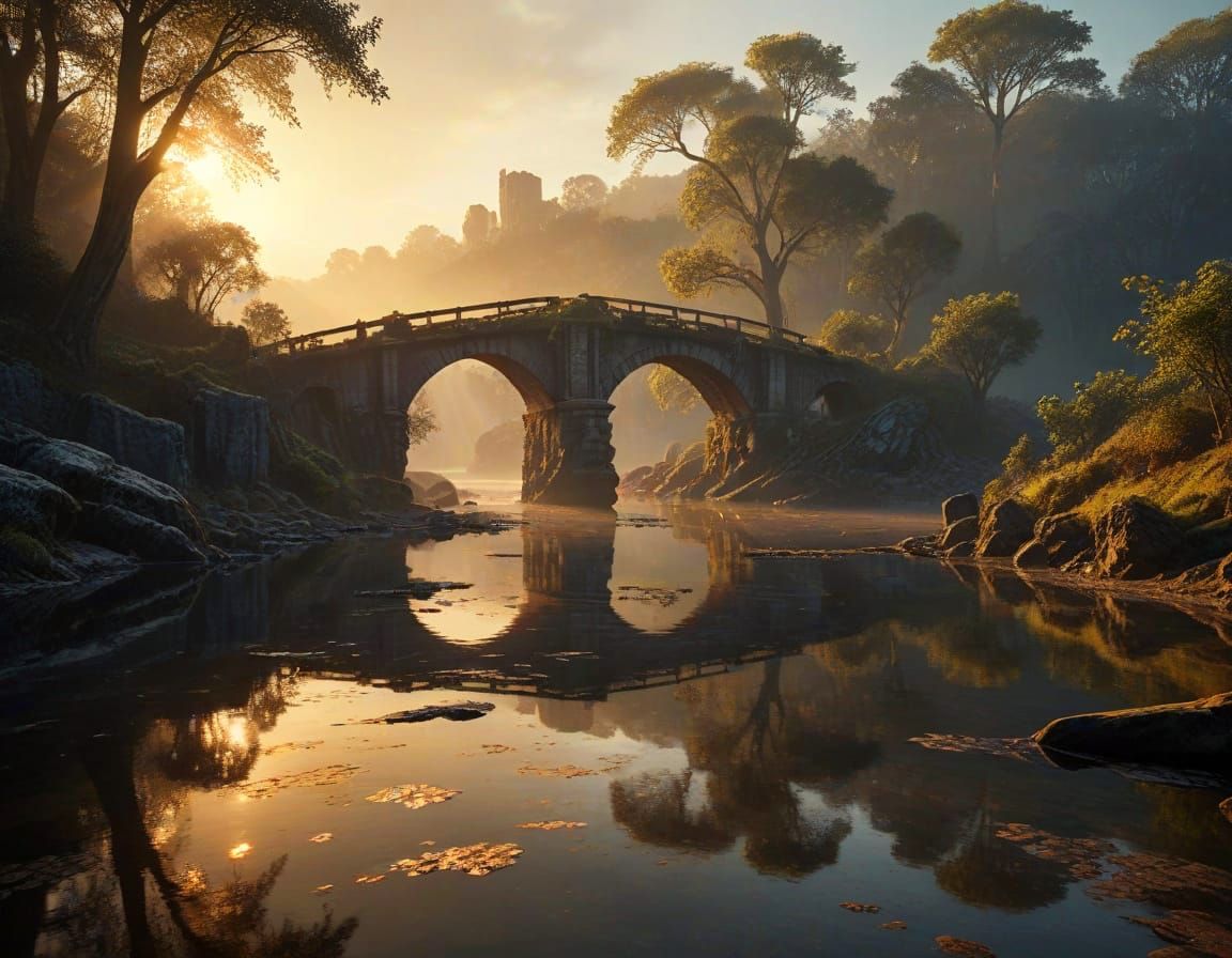 Golden Hour Landscape with Bridge Reflection