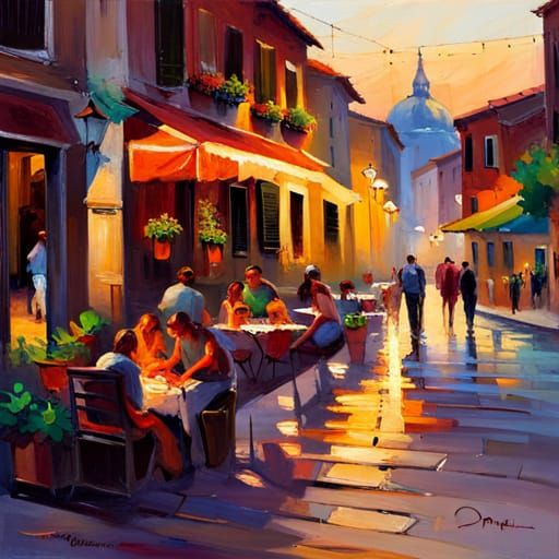 Italian Town Square at Dusk: Impressionist Painting